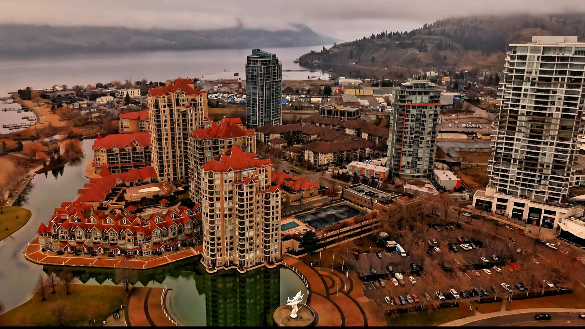 Aerial view of the downtown Kelowna waterfront on Okanagan Lake